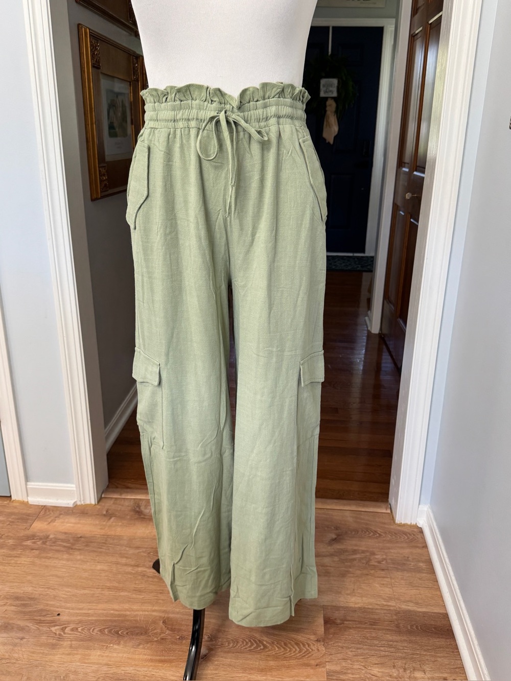 White Birch Sage Green Wide Leg Paperbag Cargo Pants XL Linen Blend NEW